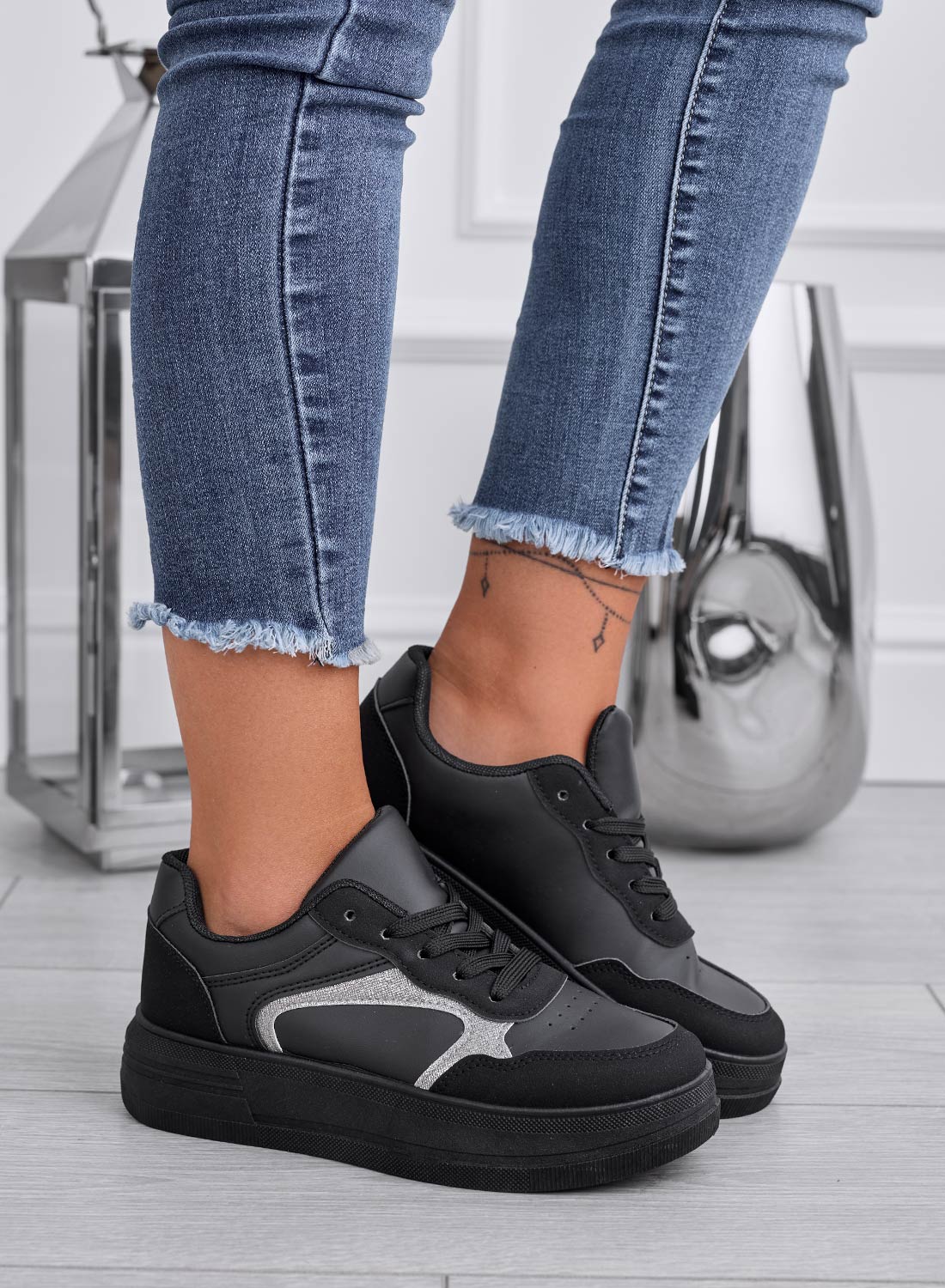 FRIDA - Black sneakers with silver inserts