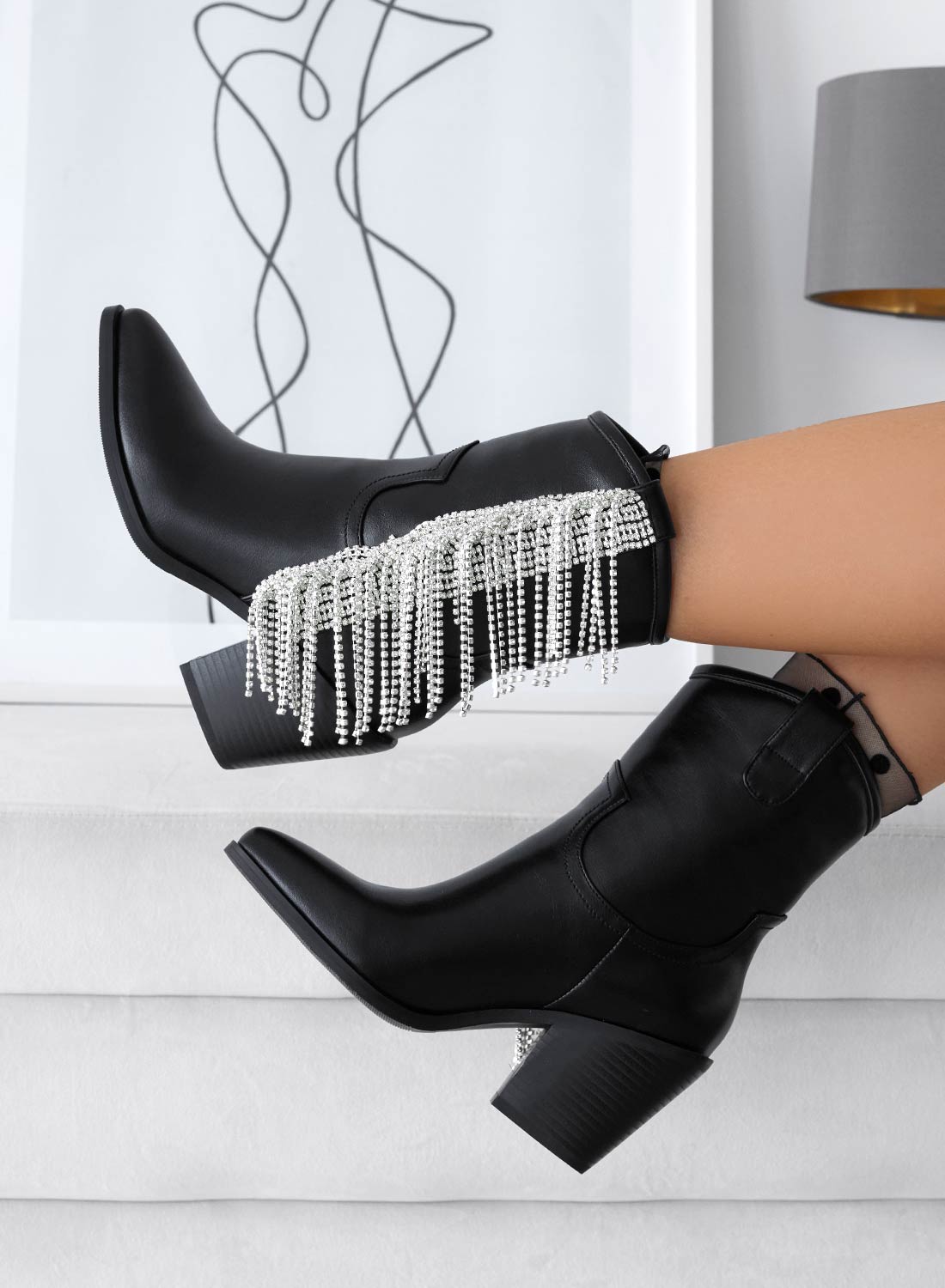 ROSE - Black Alexoo camper ankle boots with jeweled fringes