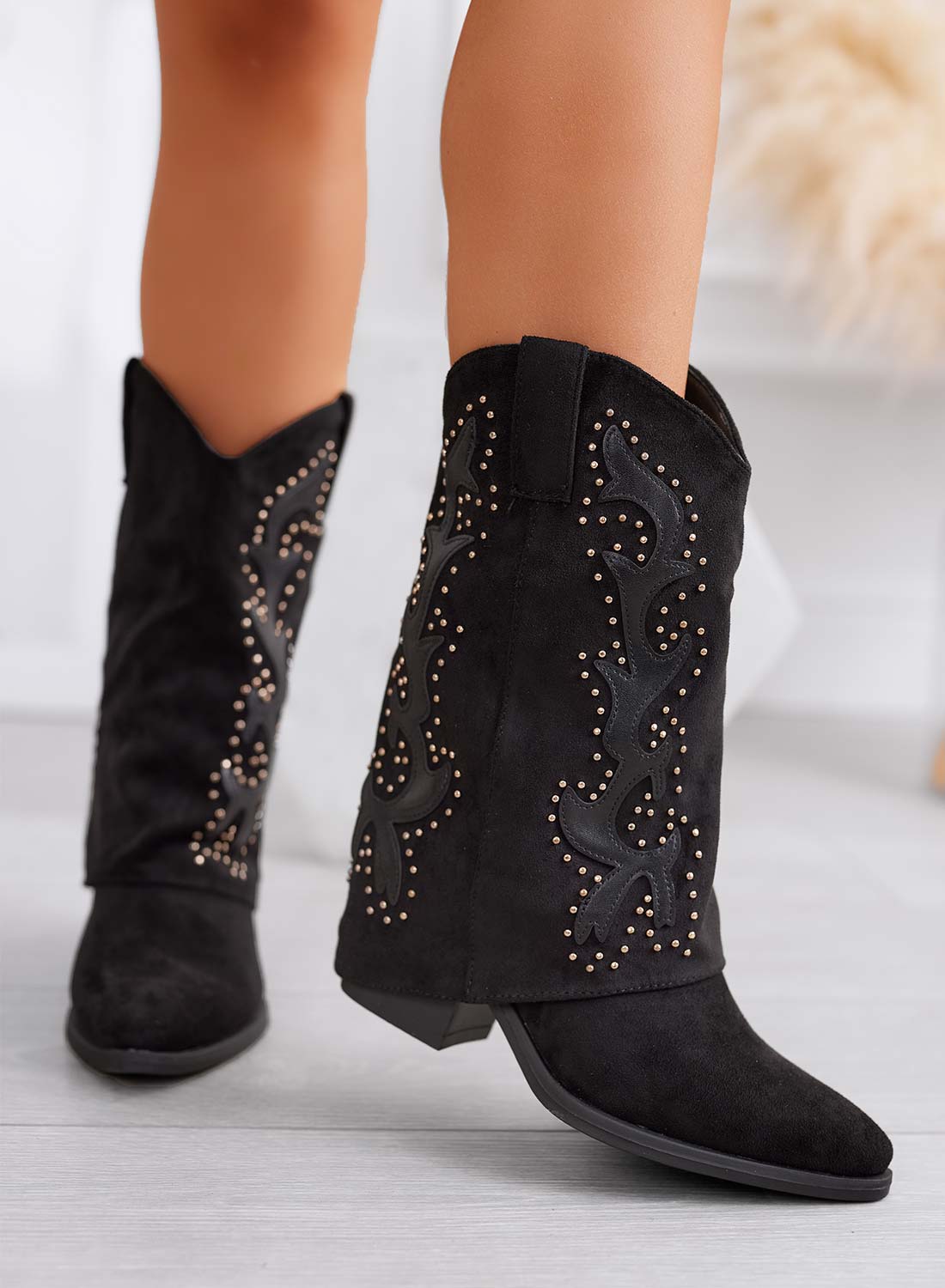 ARTHUR - Stivali western neri con risvolto e rivetti oro