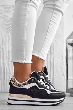 Black sneakers with animal print inserts