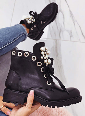 LEANNA - Black low ankle boots by Alexoo with pearls and stones