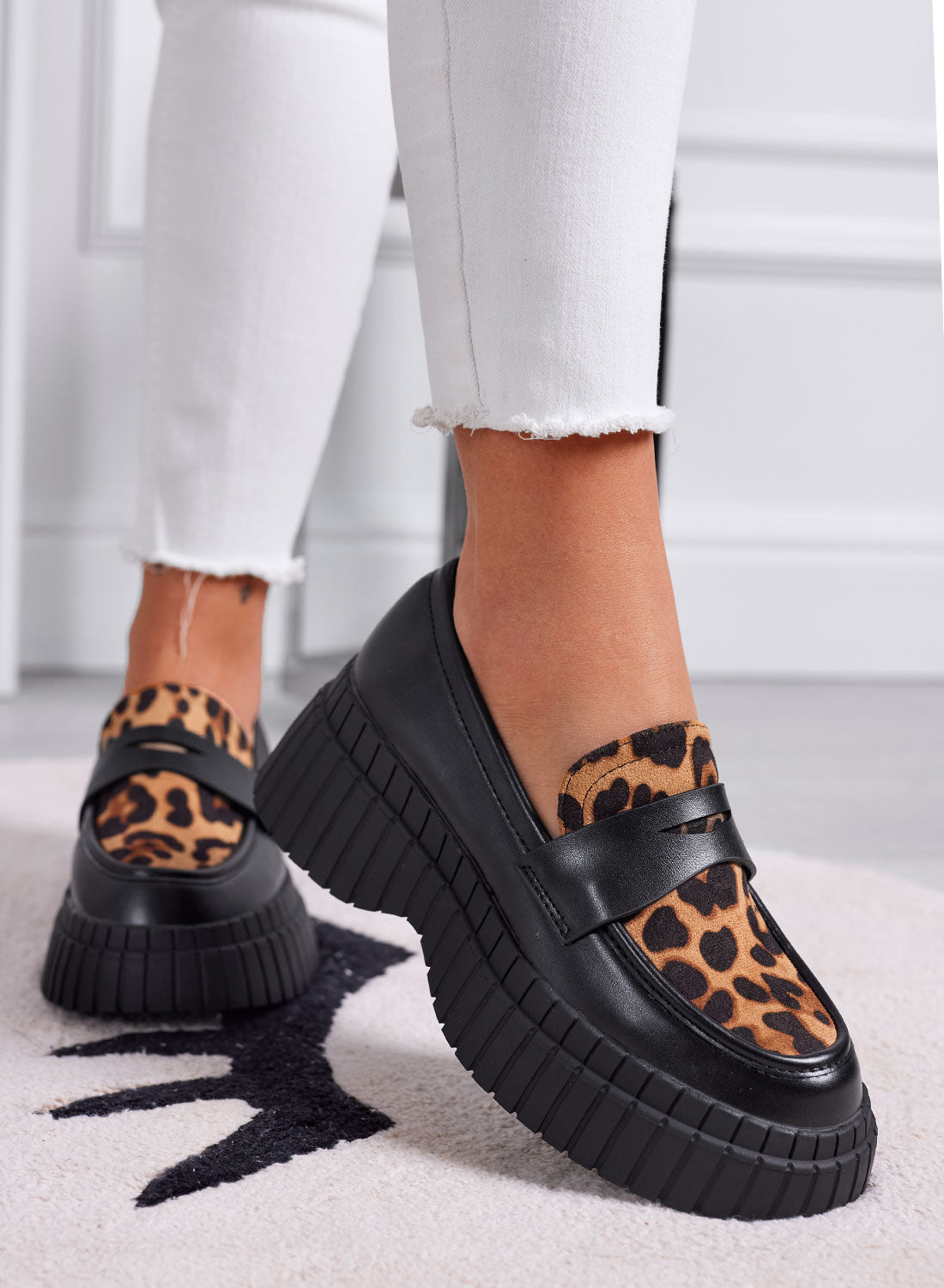 SIRIA - Mocassini platform neri con inserto animalier leopardato