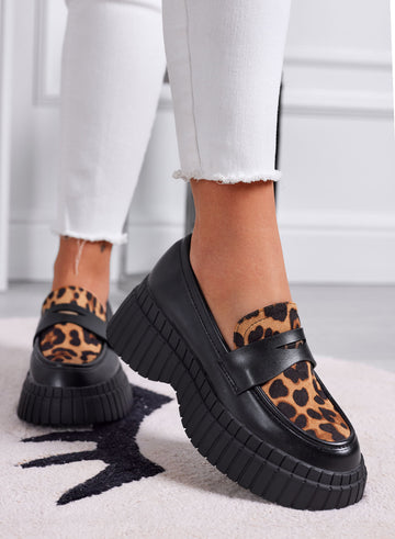 SIRIA - Black platform loafers with leopard animalier insert