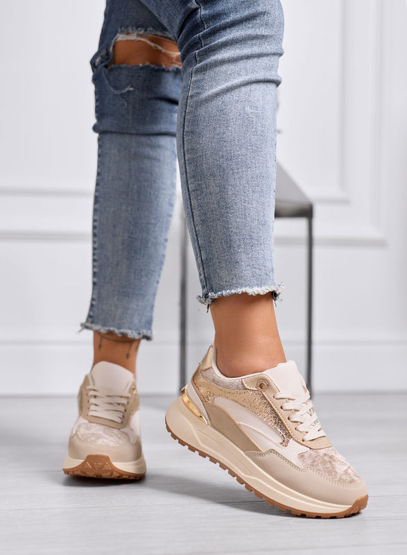DONATA - Sneakers beige e oro con dettagli metallizzati e suola platform