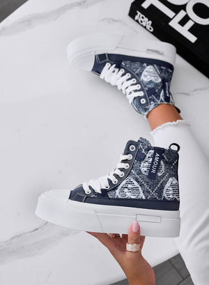 BARTH - Dark denim blue high-top sneakers with pattern