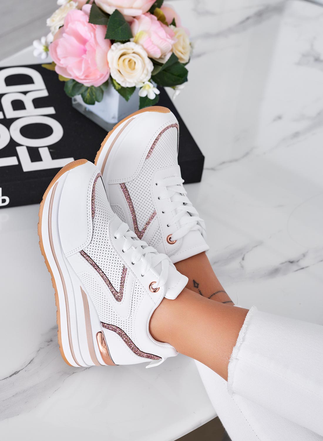 BRISA - White sneakers with rose gold glitter inserts and wedge heel