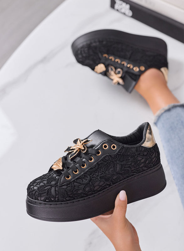 HOPE - Sneakers Donna nere in Pizzo con Applicazioni Floreali Oro