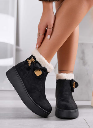 Black ankle boots with bow and gold teddy brooch