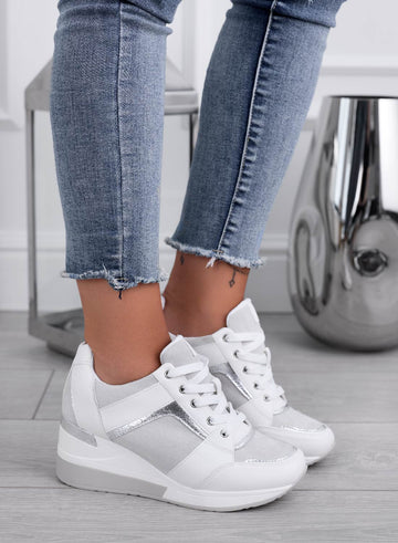 BARAN - White sneakers with silver glitter inserts and wedge heel