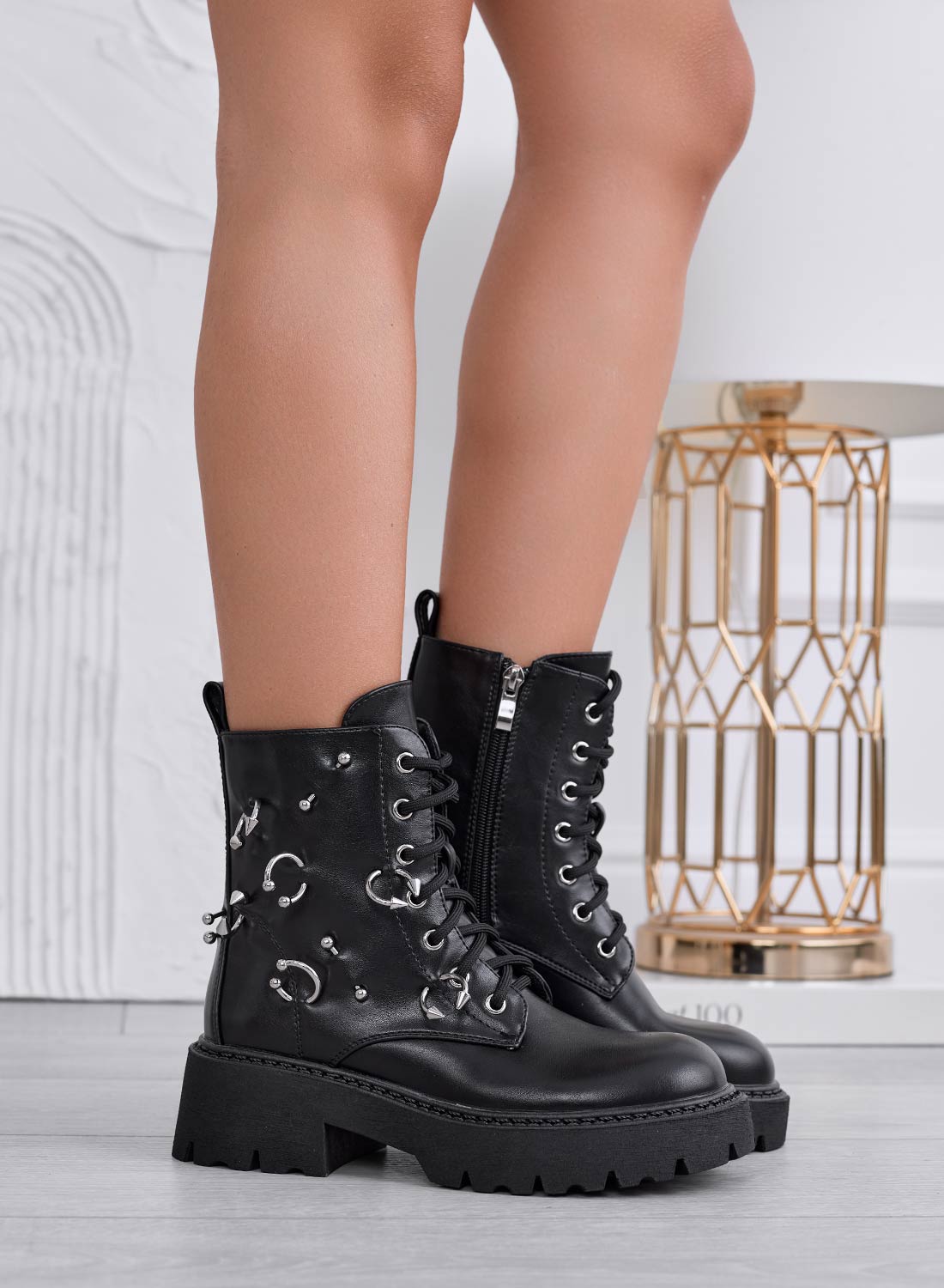TAMARA - Black biker ankle boots with silver embellishments