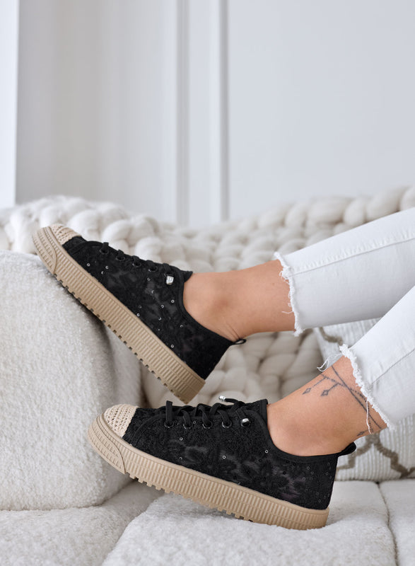 KISHA - Zapatillas negras de encaje con efecto transparente