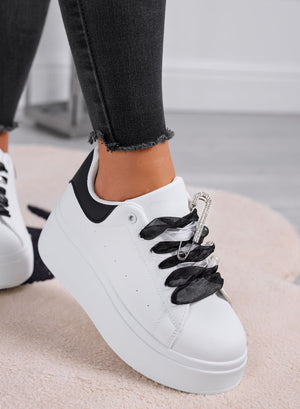 ANGY - White platform sneakers with black organza laces and jeweled brooch