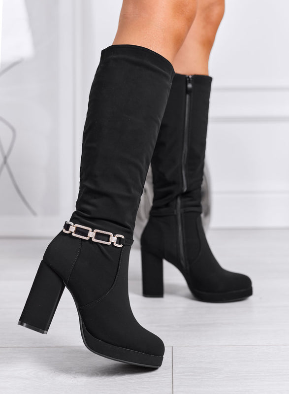 HARPER - Black high boots with jeweled chain and block heel