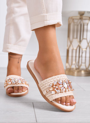 KRISTEN - Beige sandals slippers with crochet band and maxi rhinestones