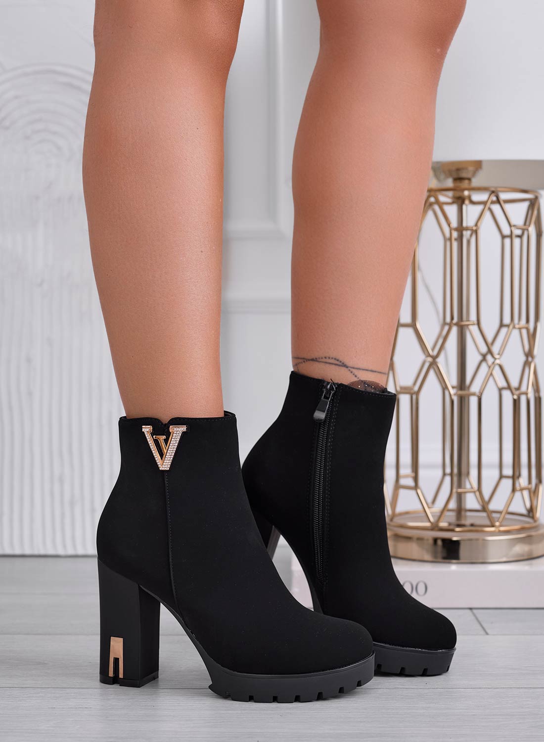 LUCREZIA - Black ankle boots with gold V jewel embellishment