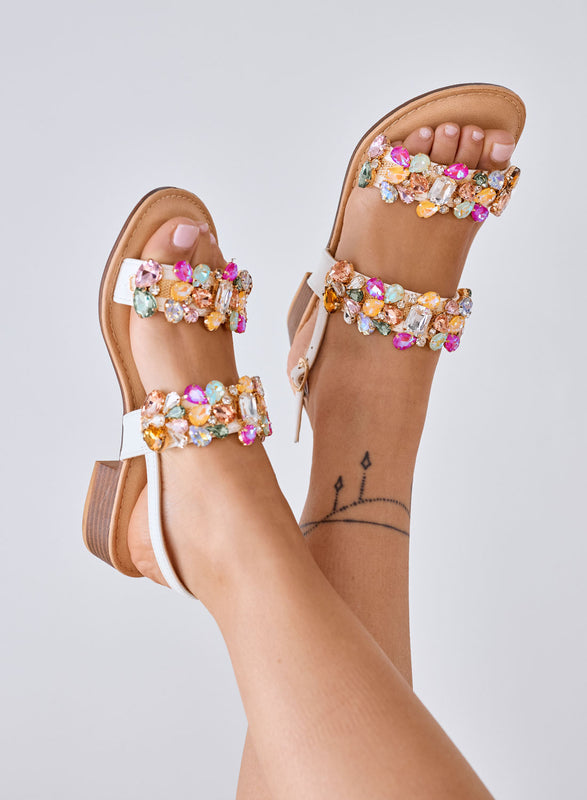DIAMOND - Sandali bianchi Bassi con Pietre Gioiello multicolor e Cinturino