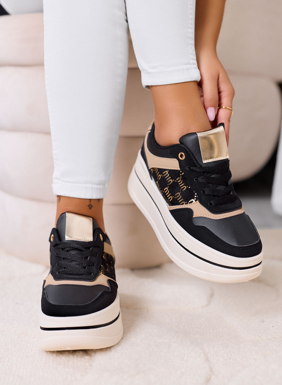 LOREDANA - Black sneakers with gold details and chunky platform sole