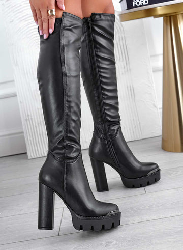 Black over-the-knee boots in faux leather