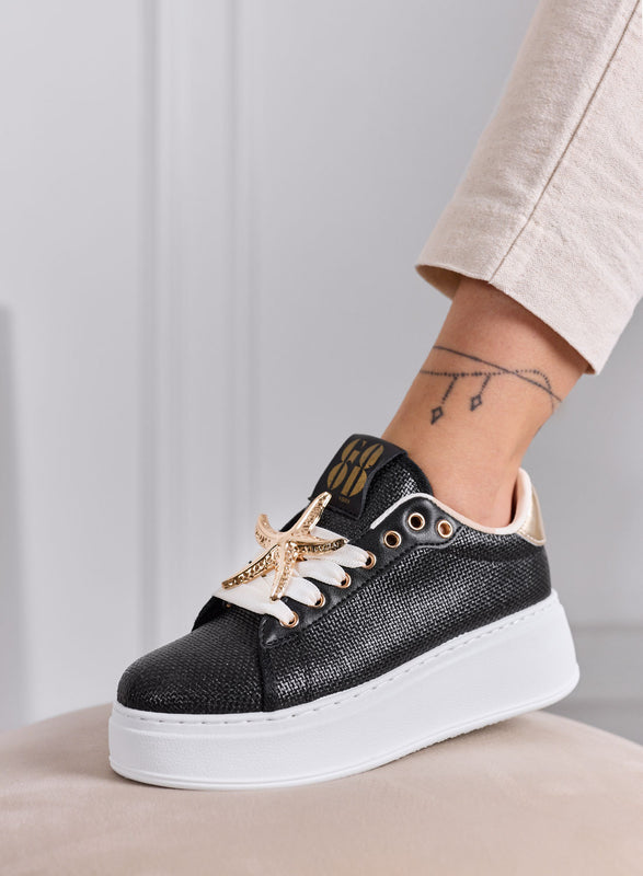LINDA - Black Sneakers with Gold Jewel Embellishments and Platform Sole