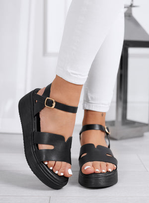 SAMUELA - Black wedge sandals with adjustable strap