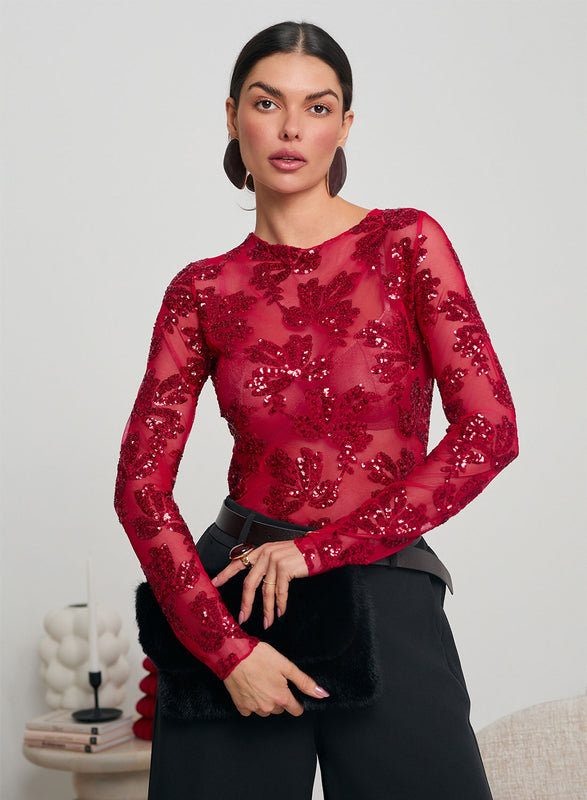 Body rouge transparent avec détails en sequins