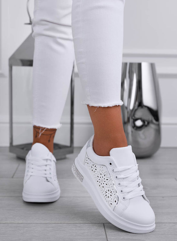 ALBA - Sneakers bianche traforate con glitter argento