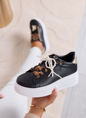 LAURA - Black platform sneakers with animal print laces and jewel details