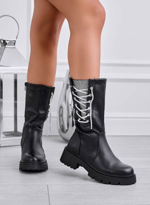 JUDITH - Black ankle boots with strap and rhinestone lace