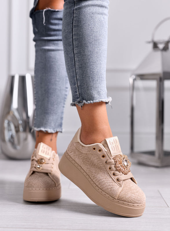 NINFA - Sneakers beige platform in tessuto laminato e applicazione gioiello
