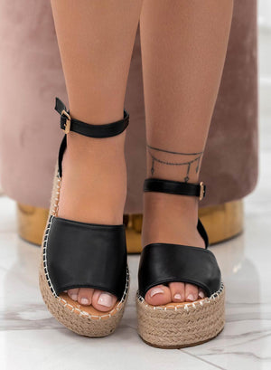 LICIA - Espadrillas nere in finta pelle con zeppa e cinturino