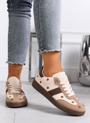 WESTON - Beige sneakers with embroidered daisies and brown sole
