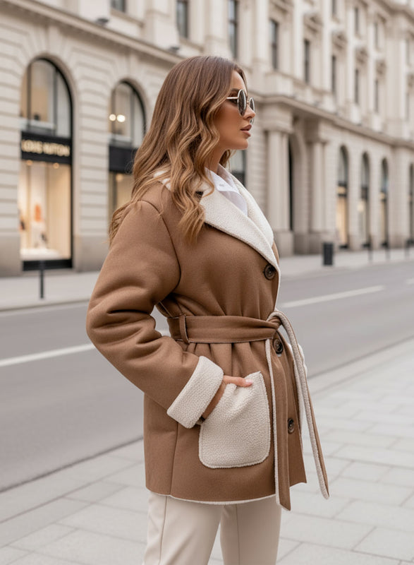 Oversized mud-colored shearling jacket with contrasting pockets