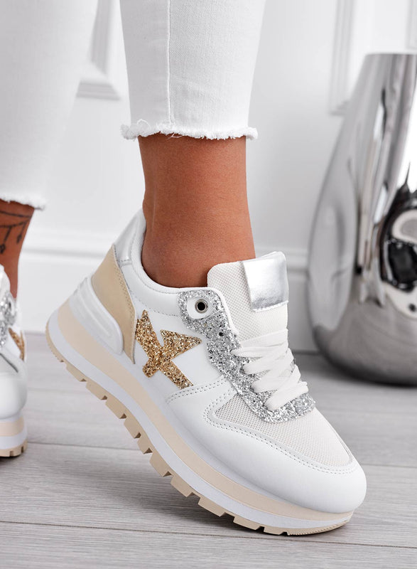 TYLER - Sneakers bianche con inserti glitter oro e argento