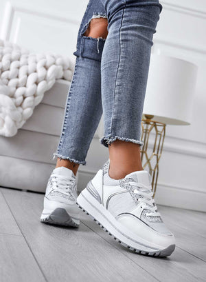 White sneakers with silver glitter inserts