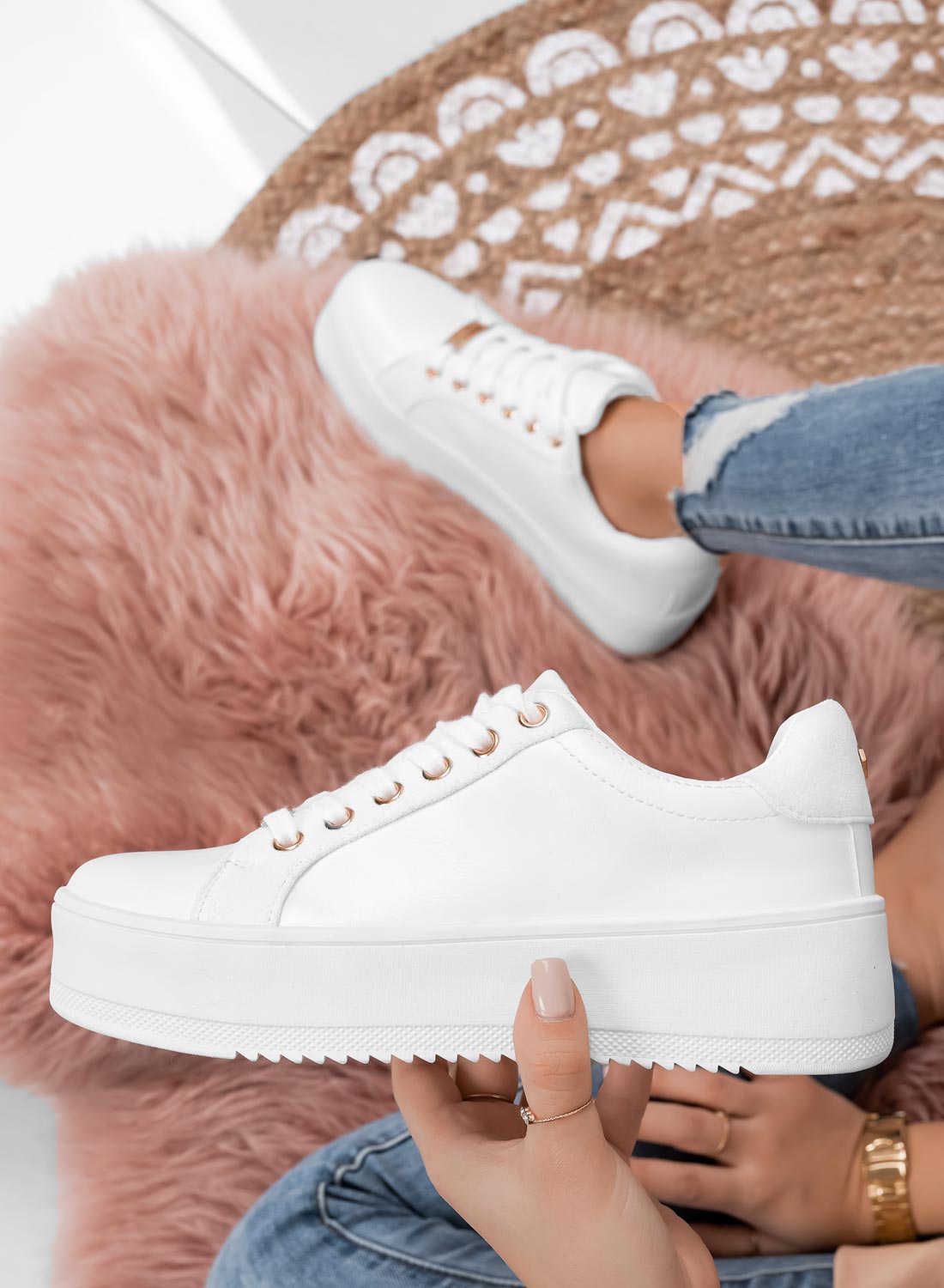 CARRY - White Sneakers with Gold Details
