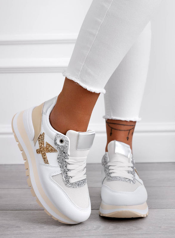 TYLER - Sneakers bianche con inserti glitter oro e argento