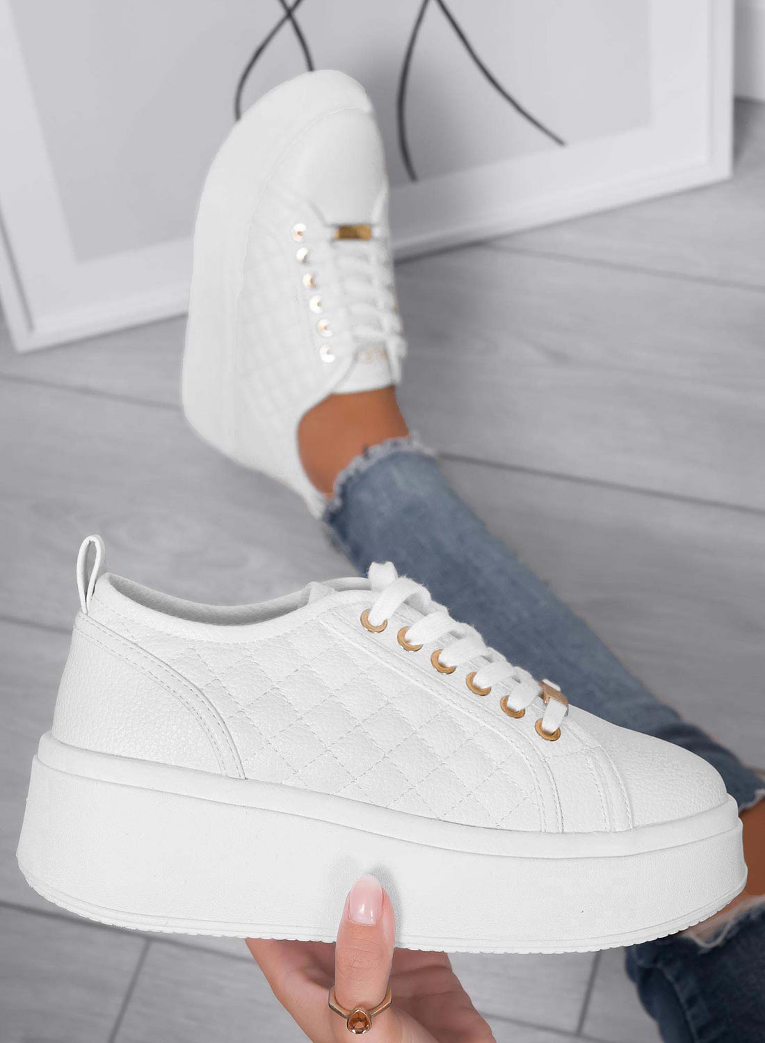 DALILA - White platform sneakers by Alexoo in faux hammered leather