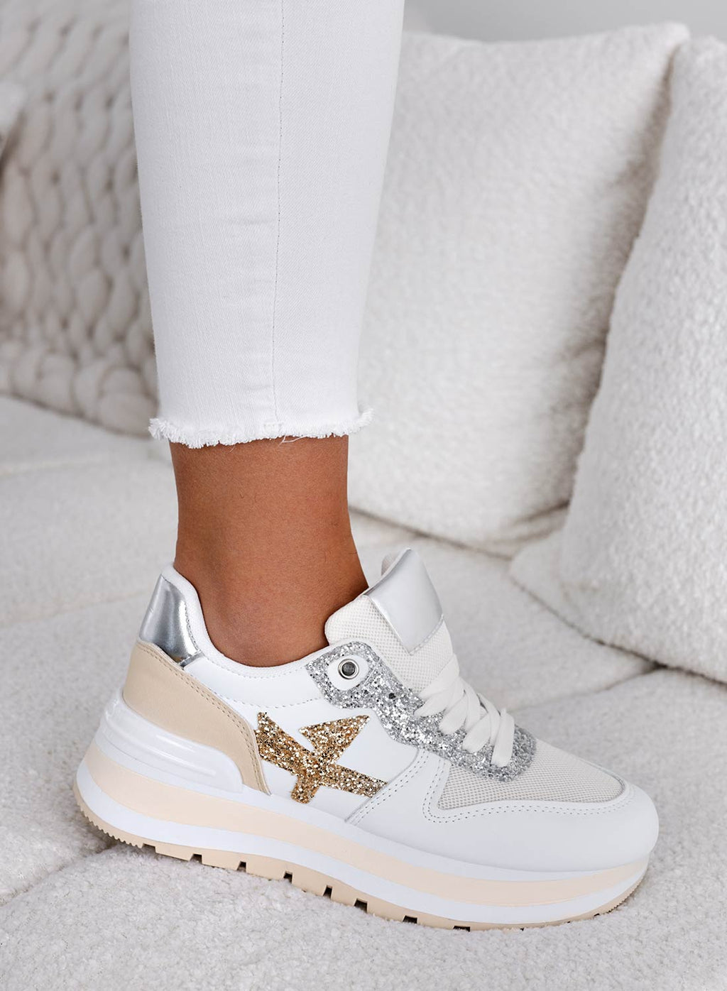 TYLER - Sneakers bianche con inserti glitter oro e argento