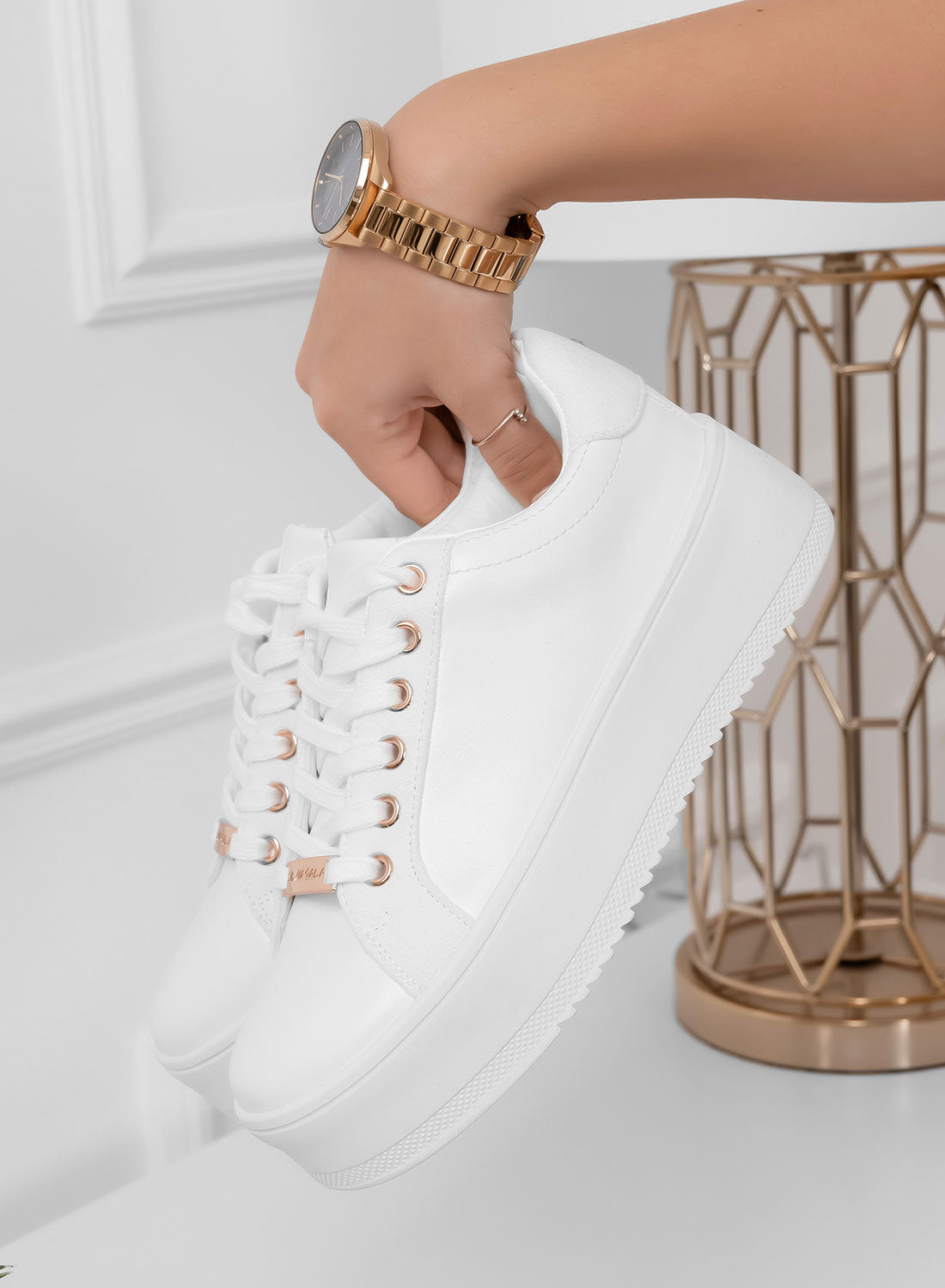 CARRY - White Sneakers with Gold Details
