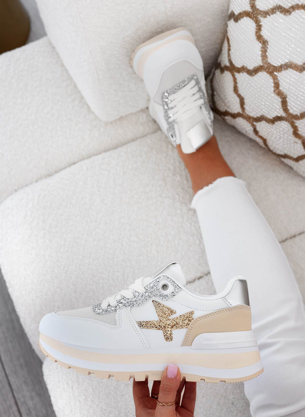 TYLER - Sneakers bianche con inserti glitter oro e argento