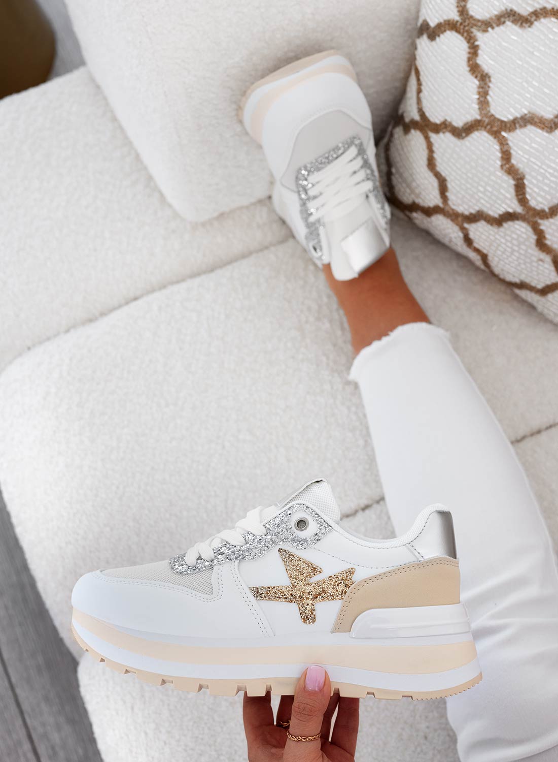 TYLER - Sneakers bianche con inserti glitter oro e argento