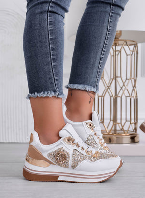 ALISHA - White sneakers with gold glitter inserts