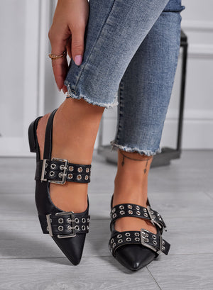ANTONIA - Black pointed ballerinas with buckles and eyelets for a rock look