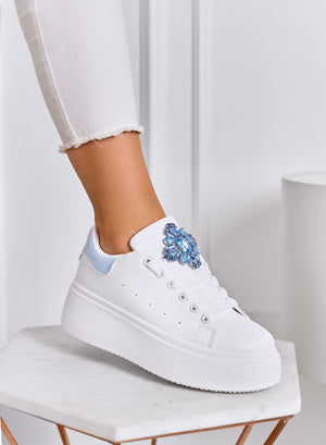 RONNIE - White platform sneakers with large blue jeweled flower