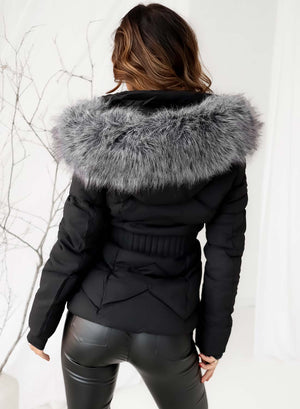 Black jacket with hood in grey faux fur