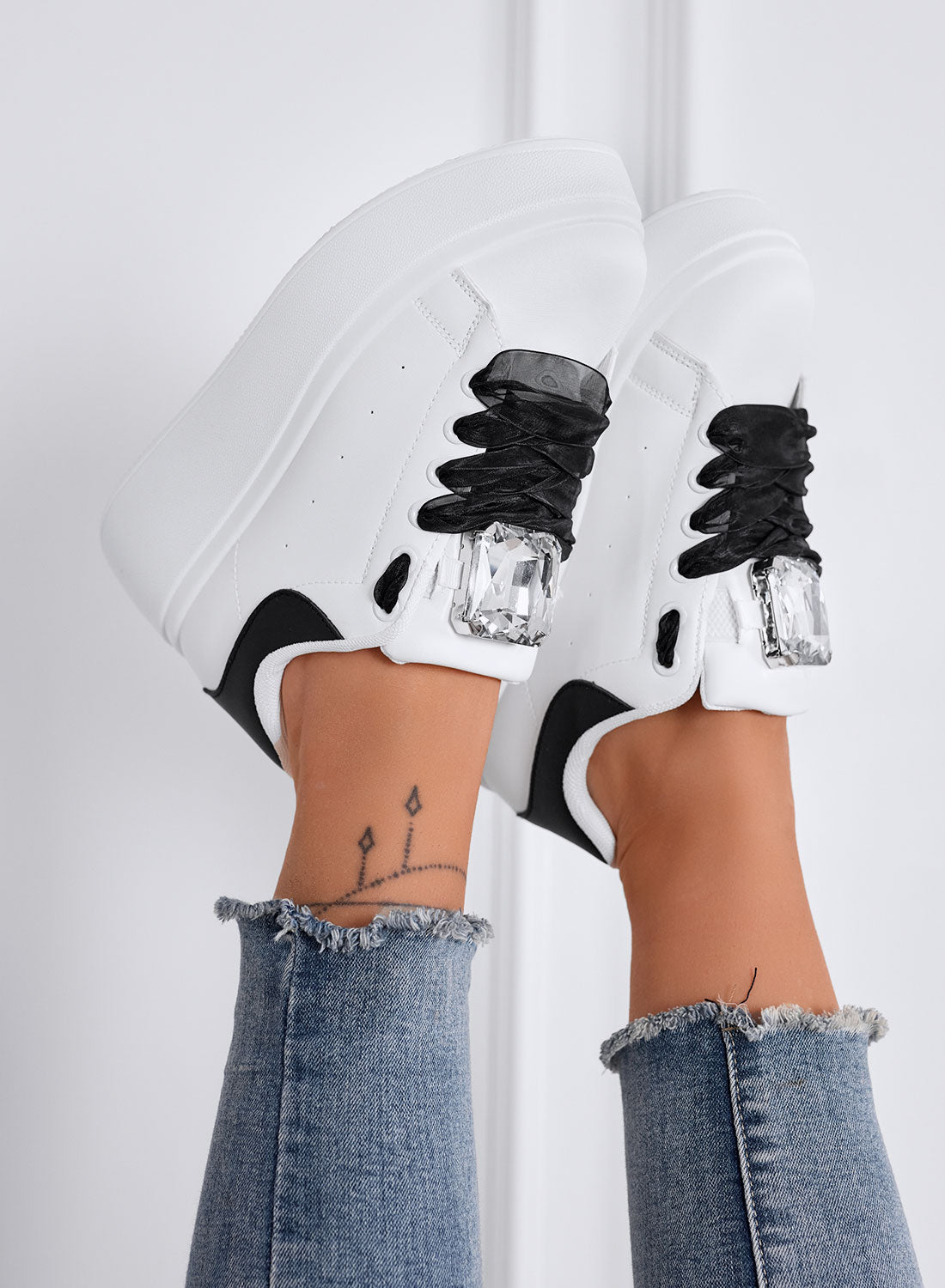 OLIVIA - White Platform Sneakers with Jewel Detail and Black Laces
