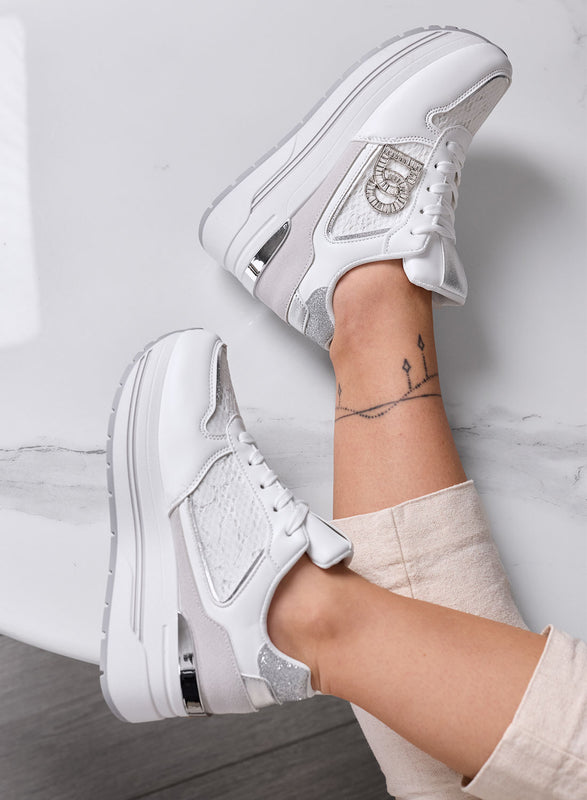 ESTER - White Platform Sneakers with Silver Details and Jewel Logo