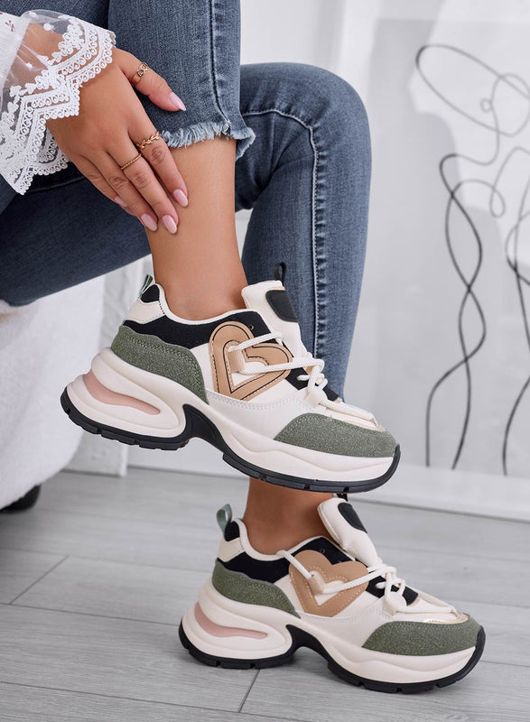 NARA - Sneakers beige con zeppa e cuore fango