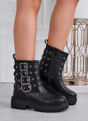 DOMINIQUE - Black biker ankle boots with buckles