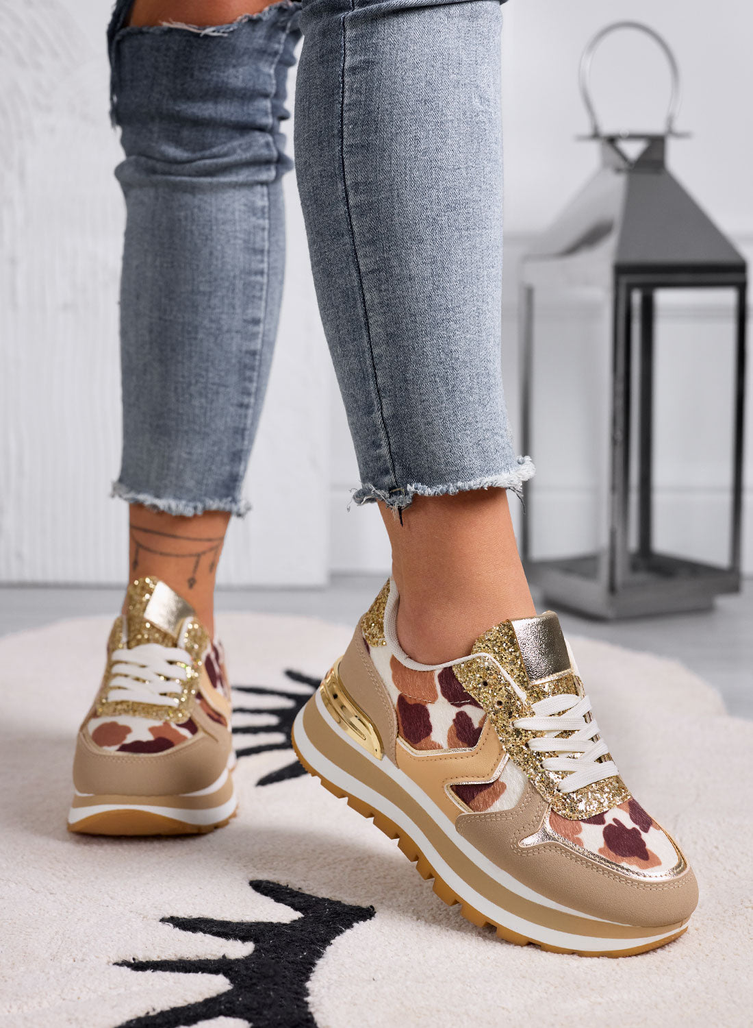 DIXON - Women's taupe sneakers with gold glitter and animal print details